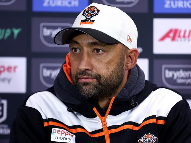 SYDNEY, AUSTRALIA - JUNE 30: Tigers coach Benji Marshall speaks to the media following the round 17 NRL match between Sydney Roosters and Wests Tigers at Allianz Stadium, on June 30, 2024, in Sydney, Australia. (Photo by Brendon Thorne/Getty Images)