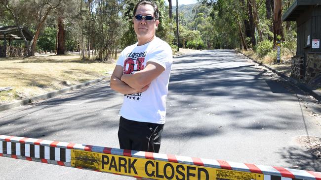 Been running stories on the 1000 Steps on total fire ban days still being open. The steps were closed today with closed signs erected at the carpark entrance and a physical barrier in place preventing vehicle access. Despite the closure signs there were still a handful of people observed using the steps. Bryan Yap (mob 0417541118) from Blackburn Nth is a regular visitor to the park but was surprised to find it closed today. Picture: Lawrence Pinder