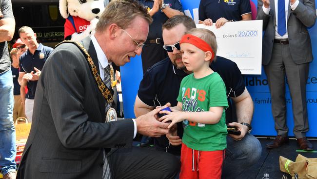 Adelaide Lord Mayor Martin Haese aswards the Adelaide Official Crest to the city’s newest hero. Picture: Keryn Stevens