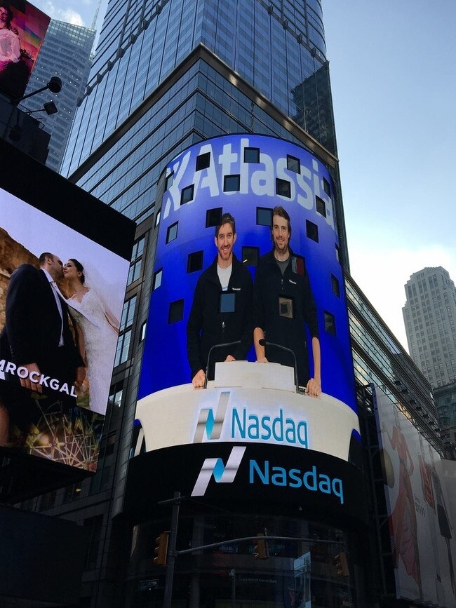 On the giant Nasdaq screen in Times Square, New York.