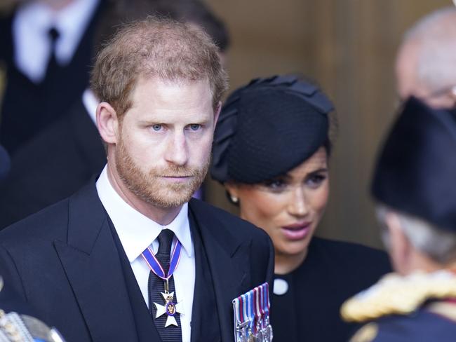 Prince Harry and Meghan Markle after the Queen’s coffin was brought to Westminster Abbey to lie in state. Picture: Getty Images