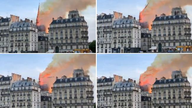 This combination of video frame grabs shows the spire collapsing as flames and smoke billow from the roof at Notre Dame Cathedral. Picture: Patrick Galey/AFP