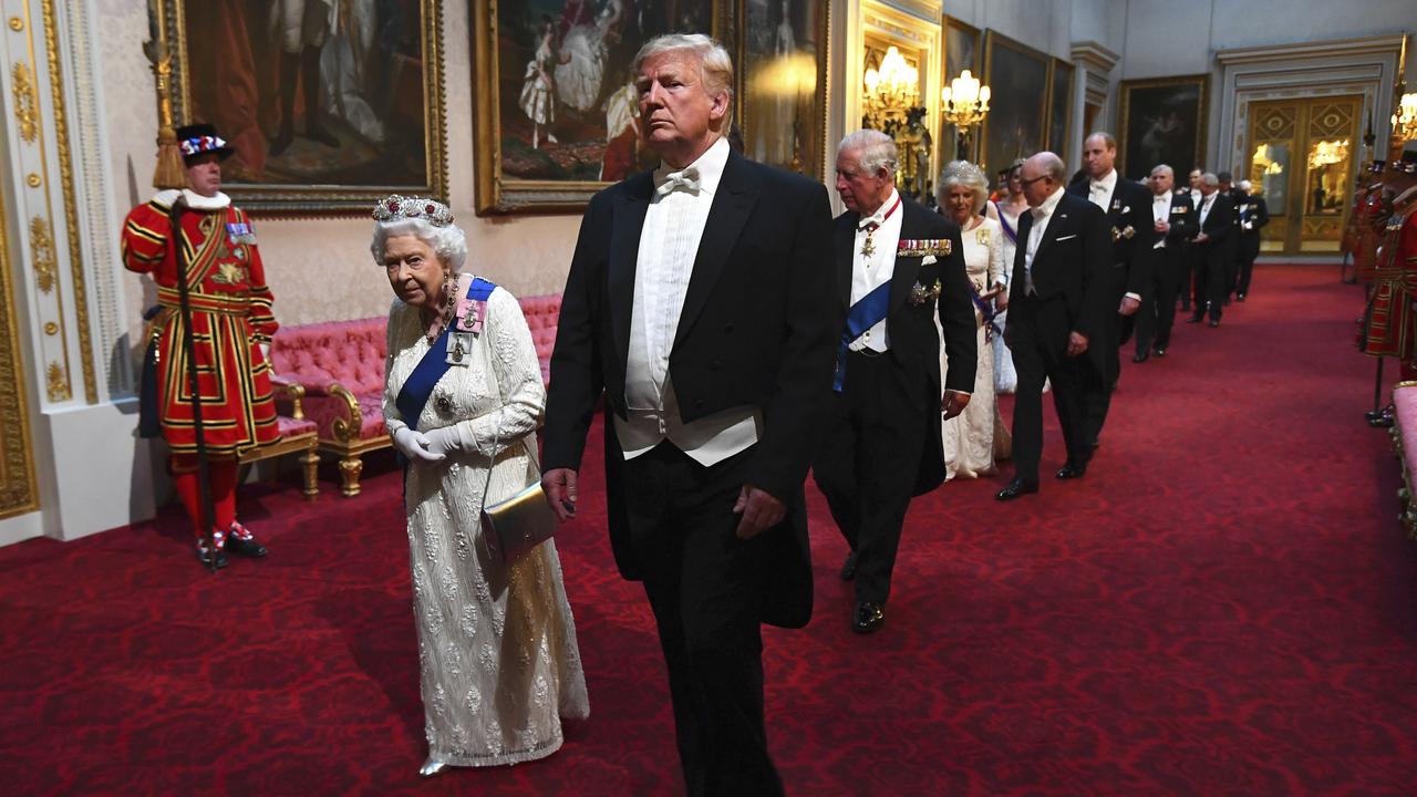 Queen Elizabeth II and U.S. President Donald Trum arriving for the State Banquet at Buckingham Palace in London earlier this month. Picture: Victoria Jones/AP