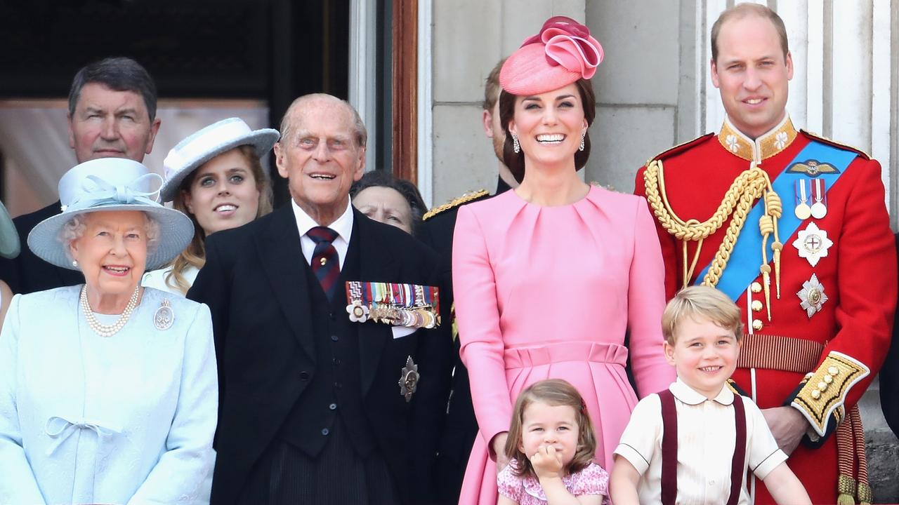 2017: Queen Elizabeth II, Prince Philip, Catherine, Duchess of Cambridge, Princess Charlotte of Cambridge, Prince George of Cambridge and Prince William, Duke of Cambridge look out from the balcony of Buckingham Palace during the Trooping the Colour parade on June 17, 2017. Picture: Chris Jackson/Getty Images