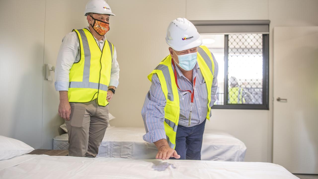 Deputy Premier Steven Miles (left) and John Wagner, quarantine hub at Wellcamp Airport. Picture: Nev Madsen.