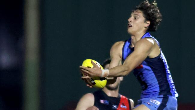 James Borlase marks during his SANFL League debut for Sturt. Picture: Kelly Barnes