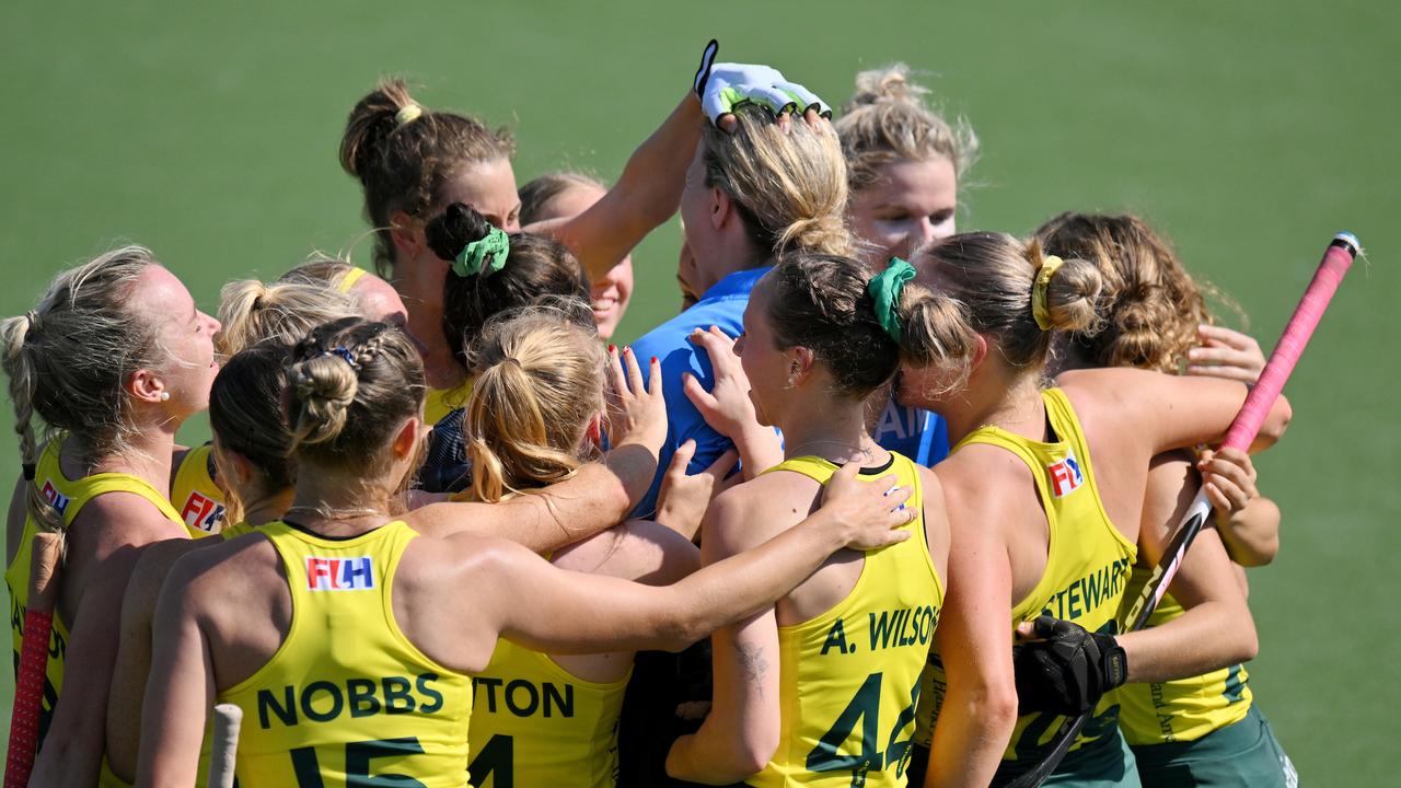 Australia celebrates with goalkeeper Jocelyn Bartram after the successful shootout win. Picture: WORLDSPORTPICS