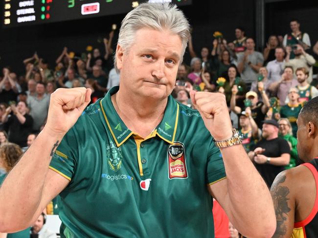 Scott Roth celebrates winning game two of the semi-final series over the Perth Wildcats at MyState Bank Arena. Picture: Steve Bell/Getty Images.