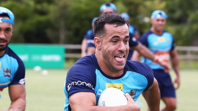 Corey Thompson in action during a Gold Coast Titans Rugby League Training Session at Parkwood. Photograph : Jason O'Brien