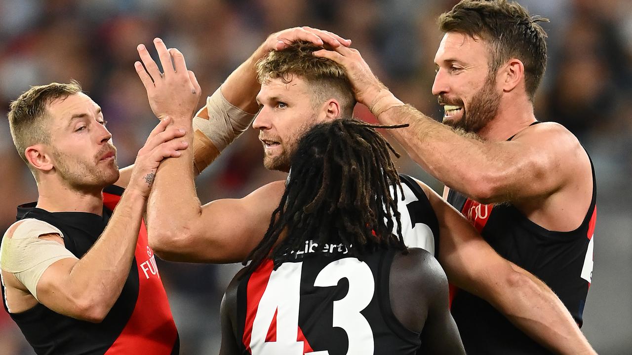 Jake Stringer with teammates on Sunday. Picture: Getty Images