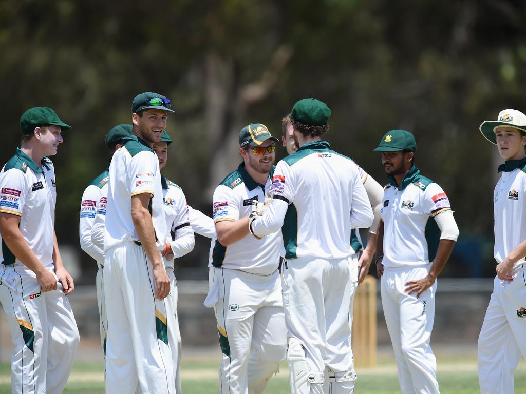 Kookaburra Cup cricket - Palm Beach Currumbin vs Helensvale Pacific Pines at Salk Oval in Palm Beach. Palm Beach batting. Helensvale celebrate after Ryan Kettle caught by Harry Lickiss. Picture: Lawrence Pinder