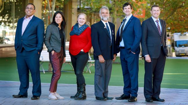 Berowra candidates Sustainable Australia Justin Thomas, The Greens Monica Tan, ALP Katie Gompertz, Independent Mick Gallagher, Science Party Brendan Clarke and Liberal Julian Leeser. Picture: Angelo Velardo
