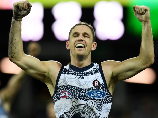 Joel Selwood celebrates a Cats win against Port Adelaide. Picture: AAP Image/Tracey Nearmy