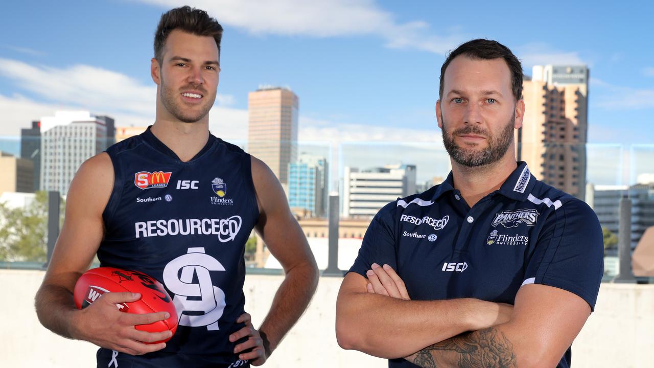 SANFL season launch at Adelaide Oval. South bAdelaide Coach Jarrad Wright and player Keegan Brooksby. 27 March 2018. (AAP Image/Dean Martin)