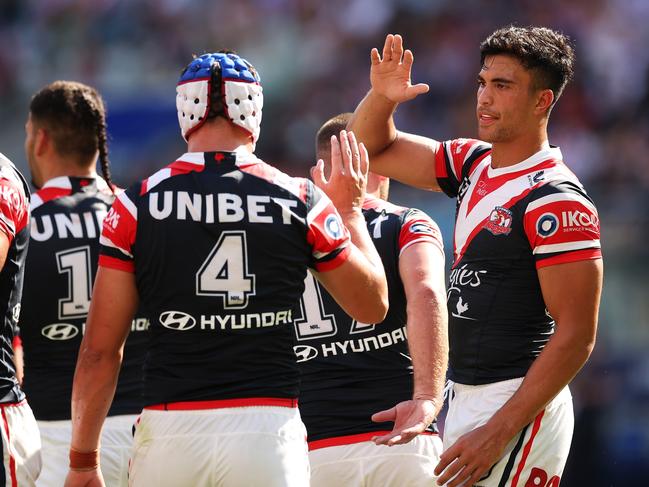 Joseph Suaalii (right) will depart the Roosters at the end of next season. Picture: Mark Kolbe/Getty Images