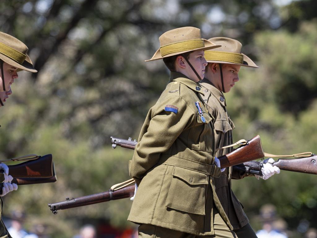 Changing of The Vigil by Toowoomba Grammar School Honour Guard during the Anzac Day mid-morning service at the Mothers' Memorial, Thursday, April 25, 2024. Picture: Kevin Farmer