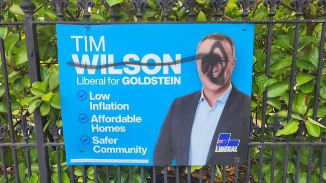 Vandalised corflutes for Liberal candidate for Goldstein Tim Wilson.