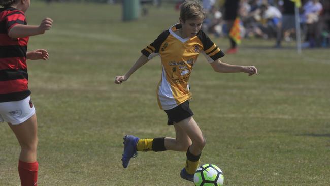 Westlawn Tigers' Koby Holland takes the ball against Yuraygir United in the 13s grand final at Yamba in 2019.