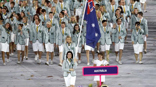 Flag bearer Anna Meares of Australia leads her team during the Opening Ceremony of the Rio 2016 Olympic Games.