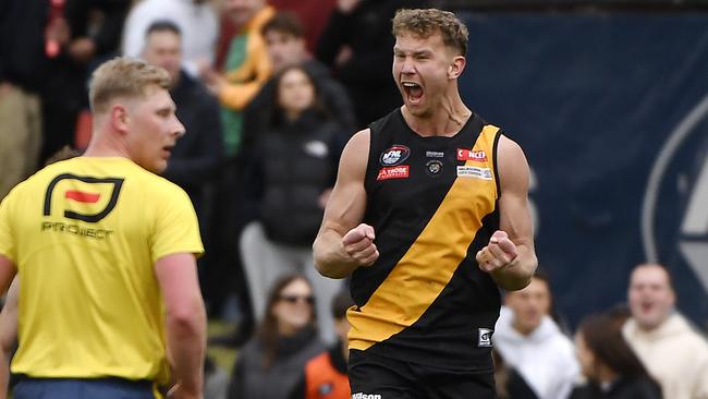 NFNL: Division 1 Melbourne Greyhounds Seniors, Grand Final. Heidelberg VS Montmorency, played at Preston City Oval, Preston, Victoria, Saturday 21st September 2024. Heidelberg player Tom Keys celebrates a goal. Picture: Andrew Batsch