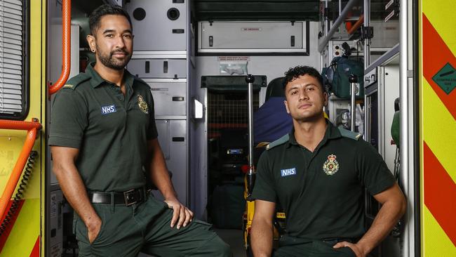 Australian paramedics Johann Cupidon, 32, and Masih Safi, 27, at London Ambulance Service headquarters in Waterloo. Picture: Hollie Adams for National News Network