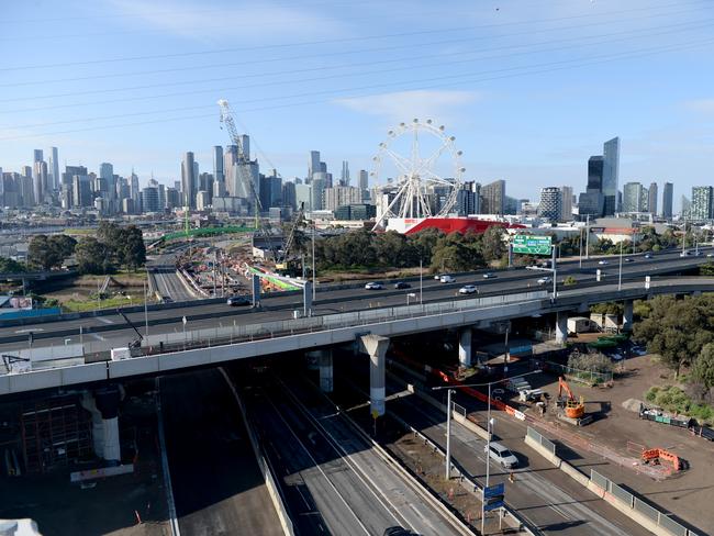 The view of Melbourne city and the inner west from a flyover on the soon to be completed West Gate Tunnel Project at Footscray. Picture: Andrew Henshaw