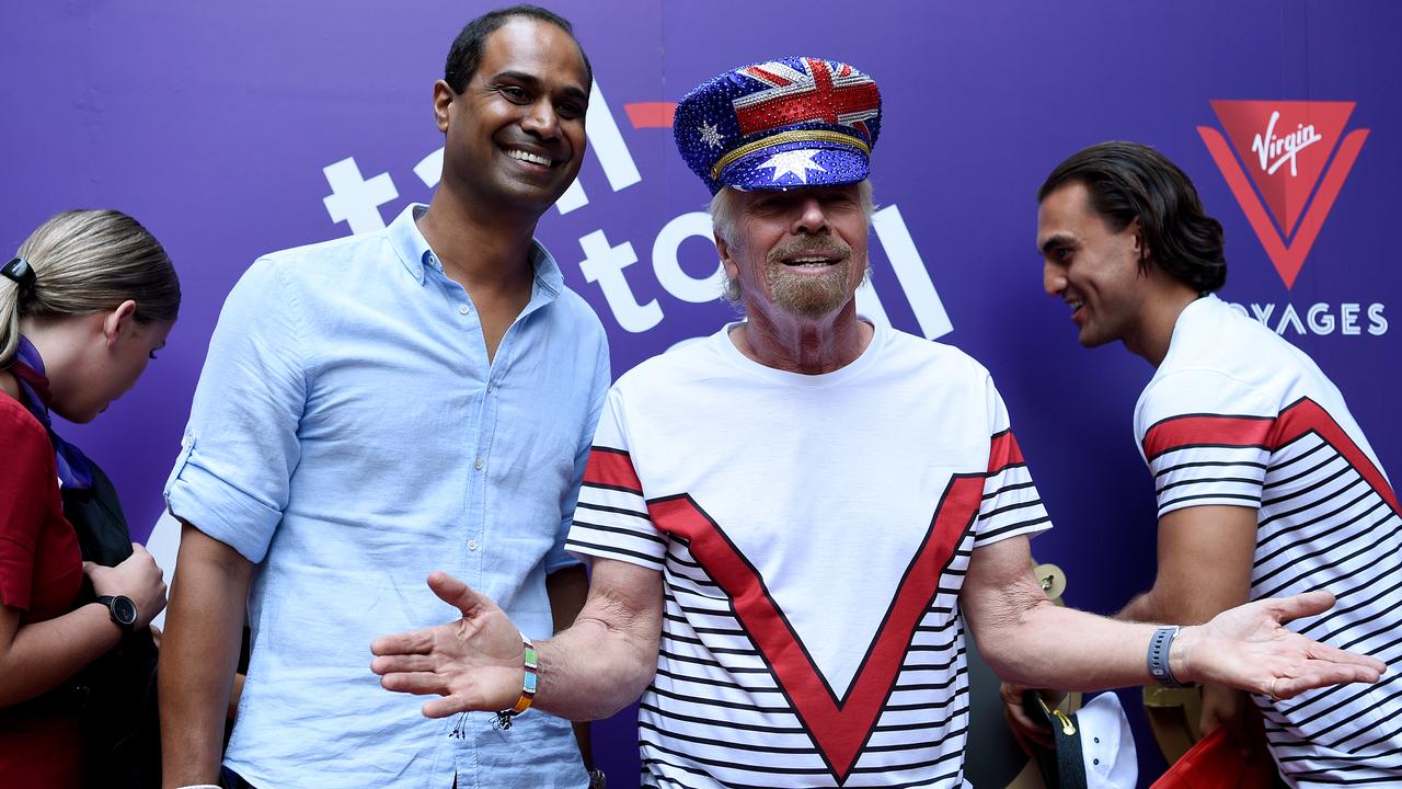 Virgin Voyages' CCO Nirmal Saverimuttu (left) and Virgin Group founder Sir Richard Branson in Sydney. Picture: Bianca De Marchi/AAP