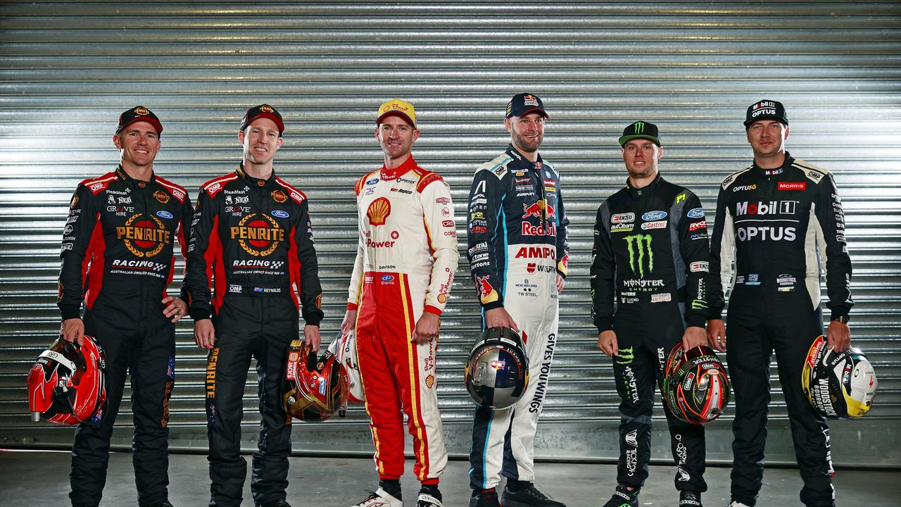 Pictured at Mount Panorama today are drivers (L-R) Lee Holdsworth, David Reynolds, Will Davison, Shane Van Gisbergen, Cam Waters and Chaz Mostert. Picture: Tim Hunter.