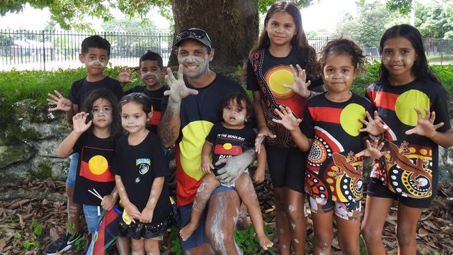 Yarrabah family celebrating January 26 including Raekia Willert, Margie Murgha, Nesahria Murgha, Menmuny Murgha, Aleyah Murgha and Teiji Neal. Picture: Peter McCullagh