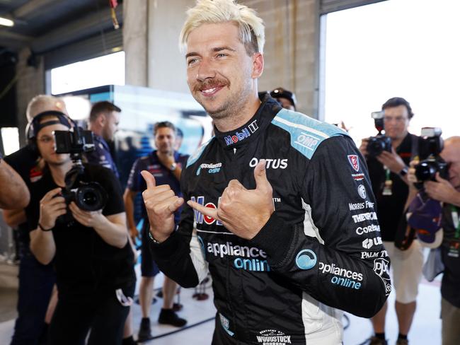 SATURDAY TELEGRAPH. DECEMBER 4, 2021.Pictured is Chaz Mostert after claiming pole in the top ten shootout at Mount Panorama today for the Repco Bathurst 1000. Picture: Tim Hunter.