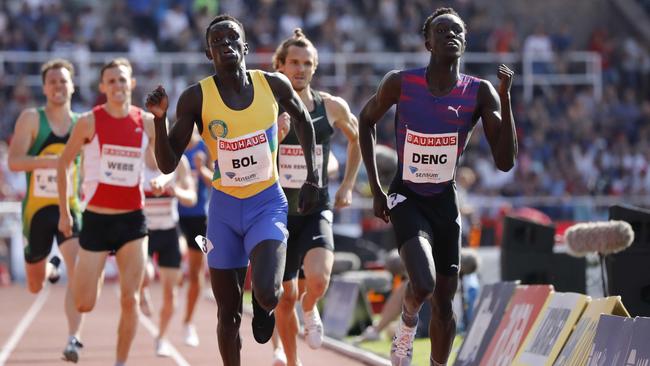 Peter Bol and Joseph Deng in action during the 800m at a IAAF Diamond League meeting in Stockholm.