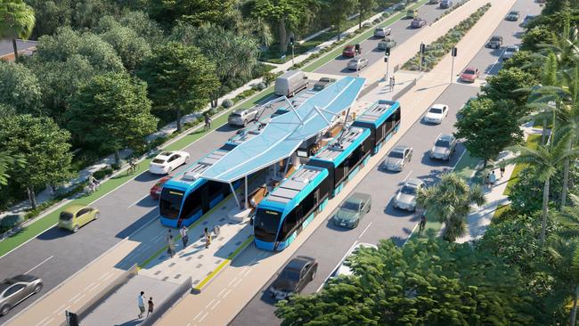 An artist's impression of trackless trams, which is one of the options presented in Sunshine Coast Council's Draft Options Analysis for a mass transit plan.