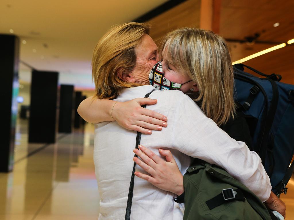 Fiona Robertson and Elle Robertson, as Elle prepares to depart on the first flight out to London with Qantas. Picture: Gaye Gerard / NCA Newswire