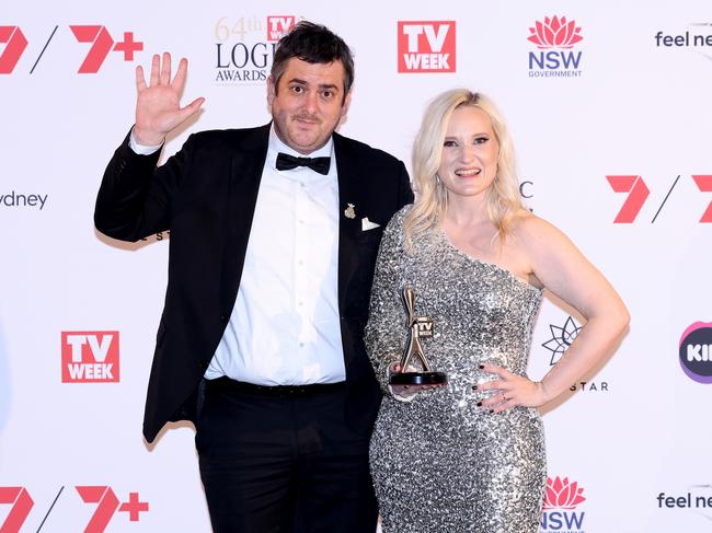 Executive producer Daley Pearson and Production Manager Rhiannon Stefferson poses with the Logie Award for Best Children's Program. Picture: Getty Images