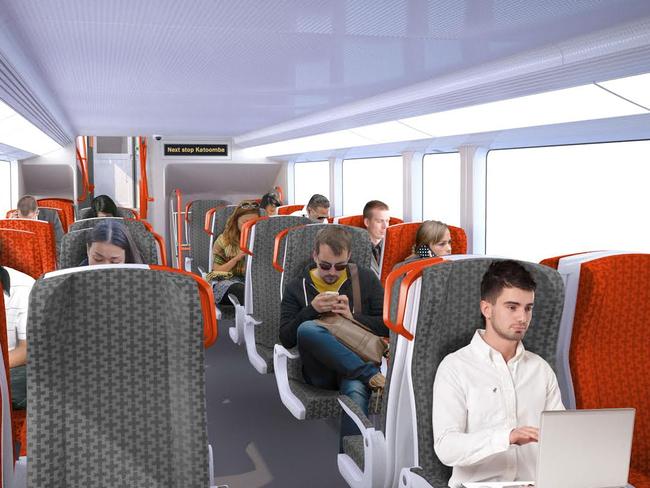 The new trains will have charging stations for mobile phones on each seat with two by two seating on the upper and lower levels of the train.