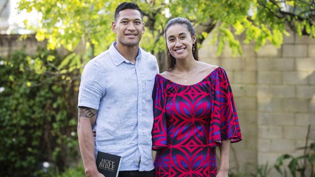 Israel Folau with his wife Maria Folau after a Sunday church service. Picture: Hollie Adams