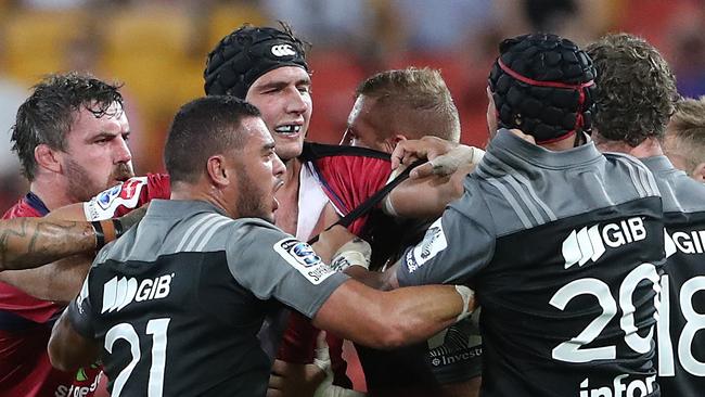 Rob Simmons getting physical against the Crusaders. He’ll need all his muscle against the Force. Picture: Peter Wallis