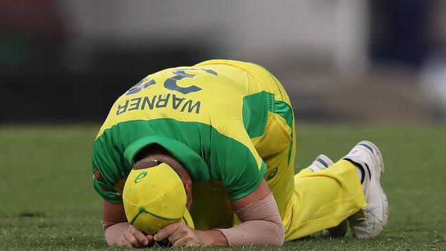 David Warner grimaces in pain after being injured in the second ODI.