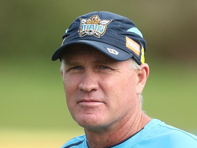 GOLD COAST, AUSTRALIA - MARCH 28: Coach Garth Brennan and Ashley Taylor talk during a Gold Coast Titans NRL training session on March 28, 2019 in Gold Coast, Australia. (Photo by Chris Hyde/Getty Images)