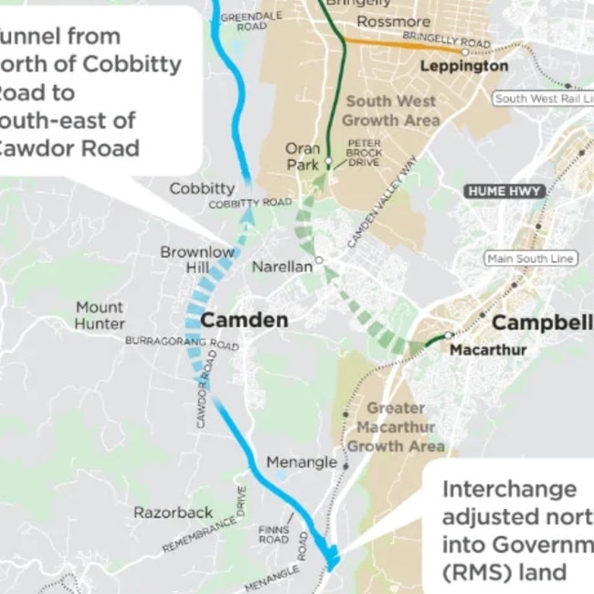 The proposed M9 Outer Sydney Orbital draft corridor, with the tunnel between Cawdor and Cobbitty.