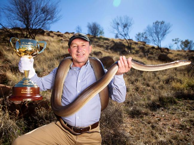 Jimmy Cassidy holds the Cup and an olive python named Zeus from Alice Springs Reptile Centre. Picture: Mark Stewart