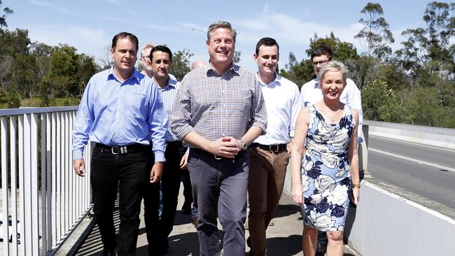 Queensland LNP leader Tim Nicholls with Gold Coast candidates during the LNP’s announcement of $250 million for a second M1. Picture: AAP Image/Regi Varghese