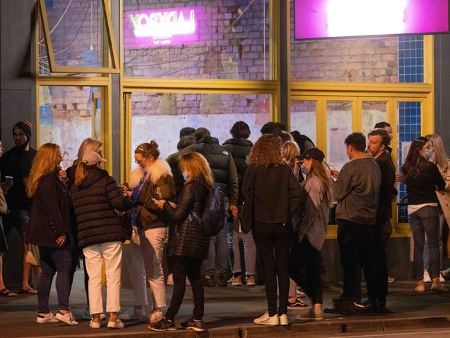 Crowds outside Ladyboy bar in Richmond on Saturday night. Picture: Tony Gough