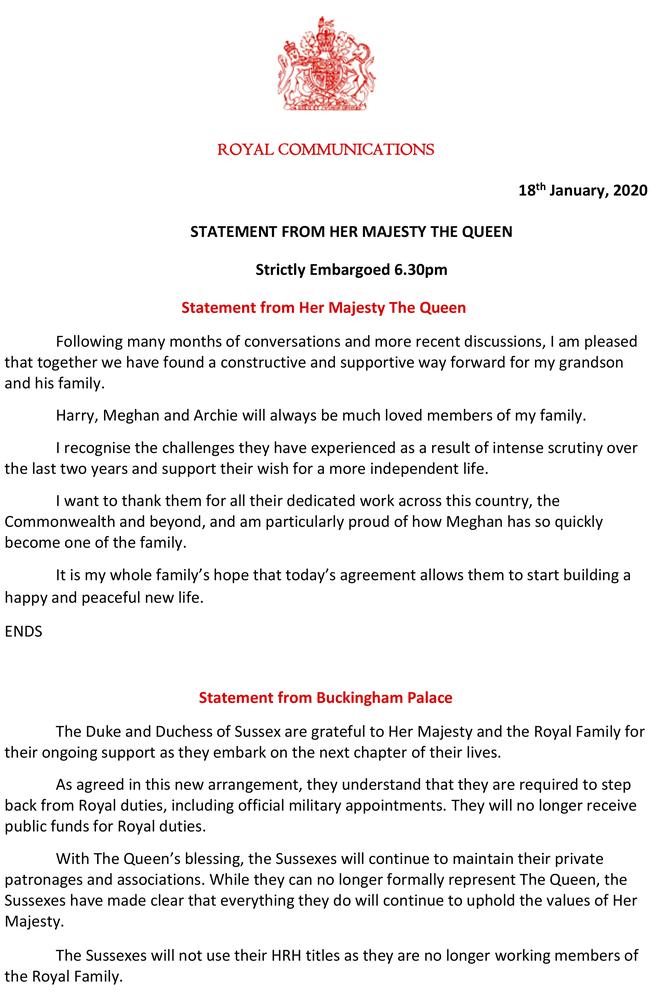 This Palace handout shows a statement from the Queen. Buckingham Palace says Prince Harry and his wife, Meghan, will no longer use the the HRH titles. Picture: AP