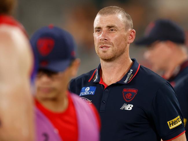 MELBOURNE, AUSTRALIA - MARCH 03: Simon Goodwin, Senior Coach of the Demons addresses his players during the 2022 AFL Community Series match between the Carlton Blues and the Melbourne Demons at Marvel Stadium on March 3, 2022 In Melbourne, Australia. (Photo by Michael Willson/AFL Photos via Getty Images)