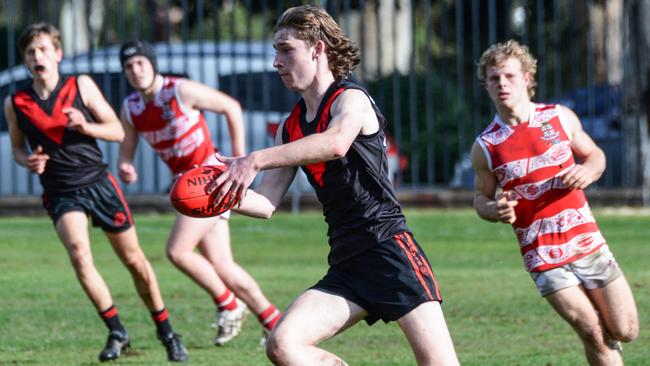 Max Michalanney brings the ball out of defence for Rostrevor. He had an exceptional year at college, SANFL and state level. Picture: Brenton Edwards