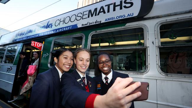 Angelica Fortinez, 17, Sarah Castricum, 17, and Toni Solaki, 18, from St Francis Xavier College in Melbourne. Picture: David Geraghty