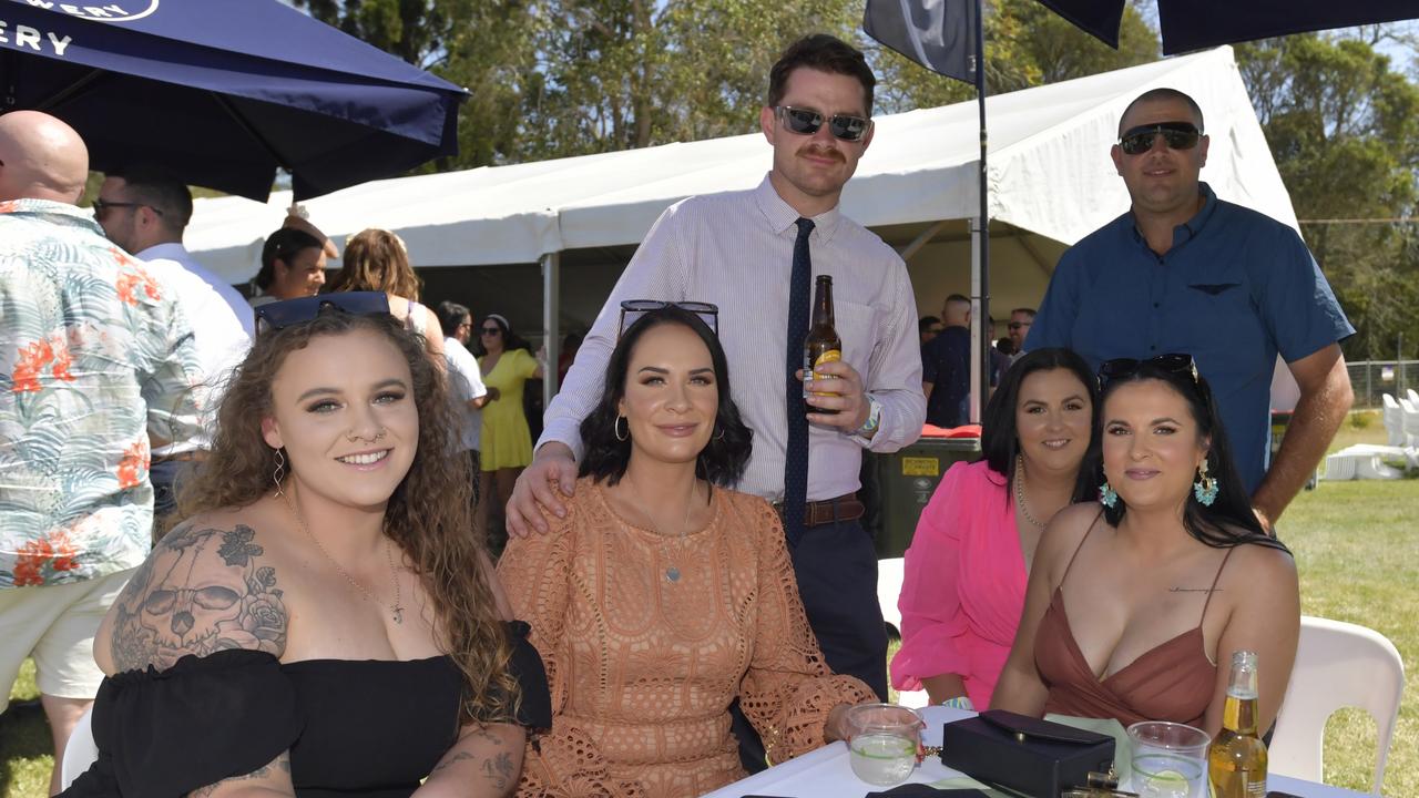 Jamie Farnham, Jess Kelly, Michael Warner, Karlie Dicker, and Wal and Tiarra McKenna enjoying a day out at the Lismore Cup on Thursday.