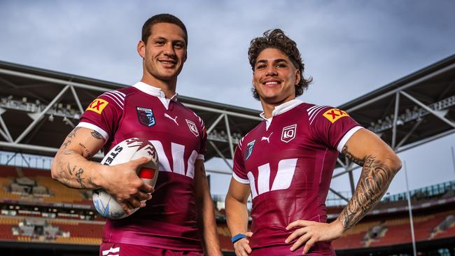 Queensland State of Origin players Kalyn Ponga and Reece Walsh at Suncorp Stadium ahead of the decider. Picture: Nigel Hallett