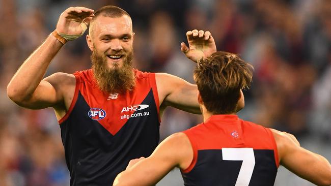 Max Gawn celebrates his last-quarter goal with teammate Jack Viney. Picture: Getty Images